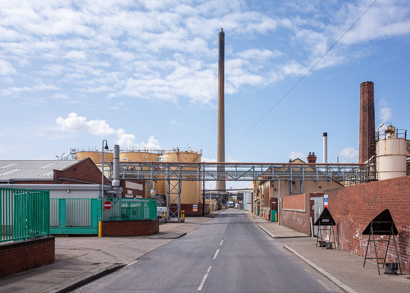 Industrial area in Hull with chimney and old storage - Oil industry Hull