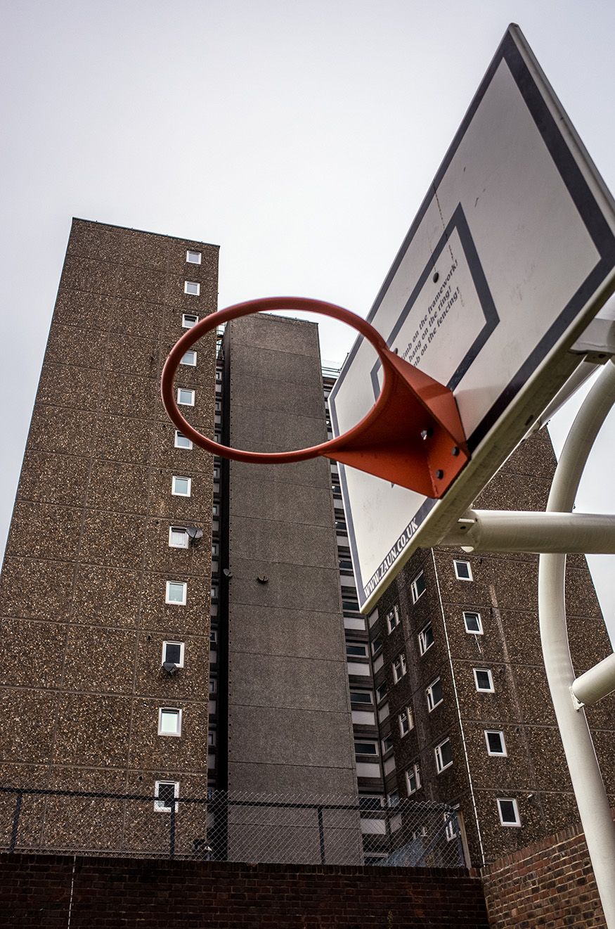 Basketball hoop and tower block on the Ledbury Estate